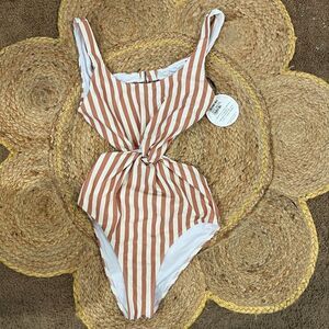 Lost + Wander Desert Stripe Twist One Piece Swimsuit Cream Brown Bathing Sz S
